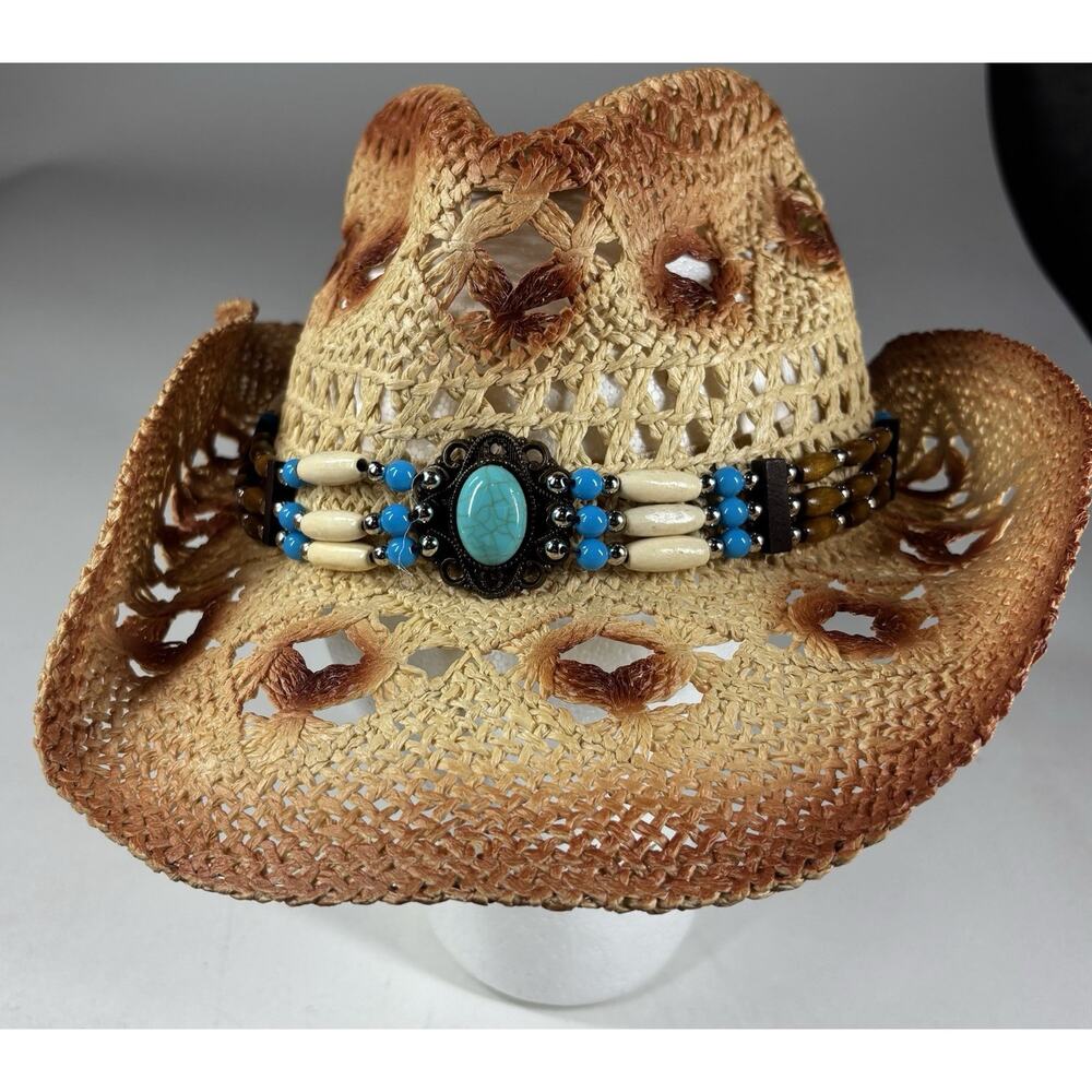 Fluffy Sense Straw Cowboy Hat Women Western Boho Turquoise Beaded Festival NWT - Picture 5 of 10